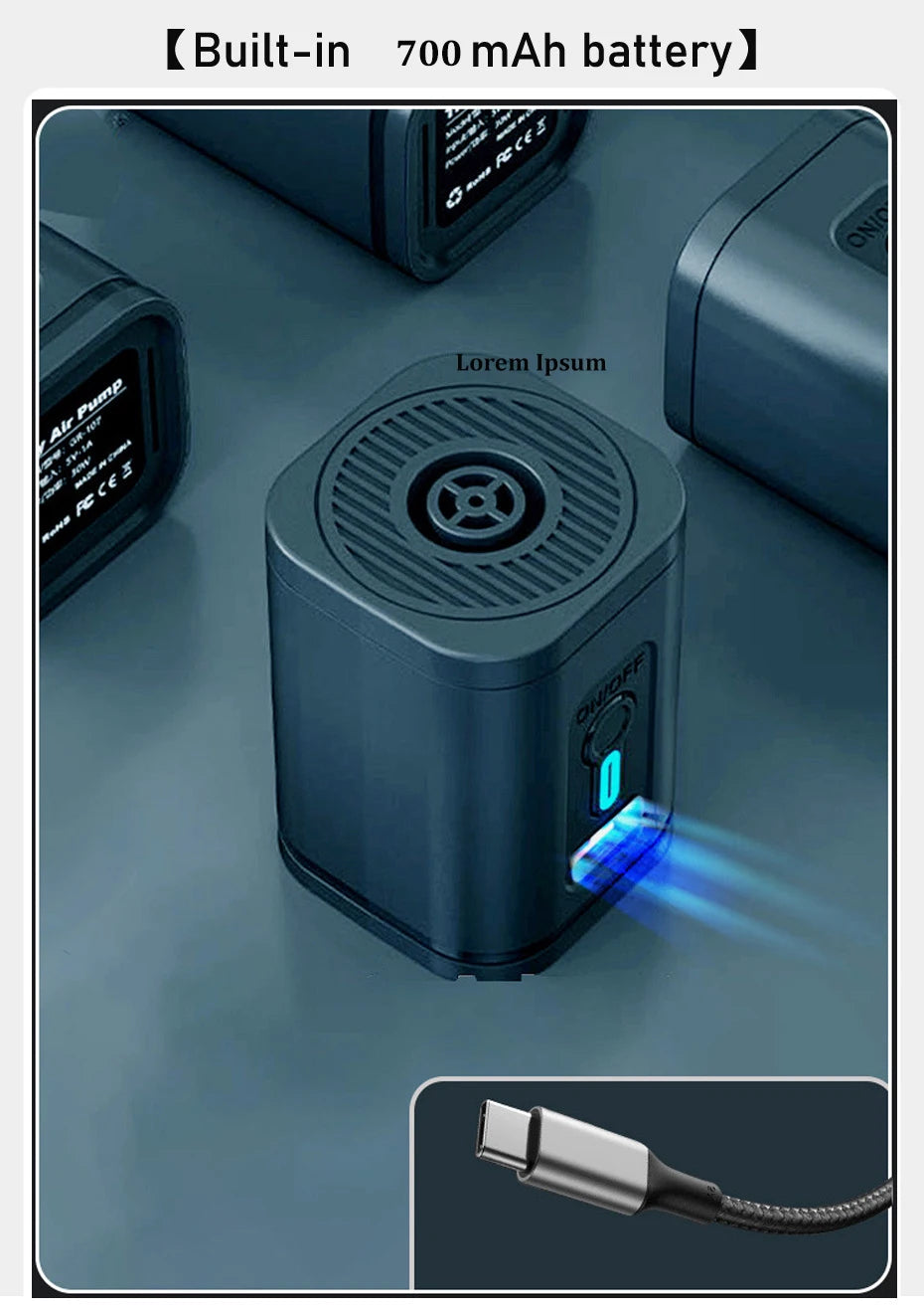 Ben Nevis portable blue vacuum compression pump with charging cable on a gray surface
