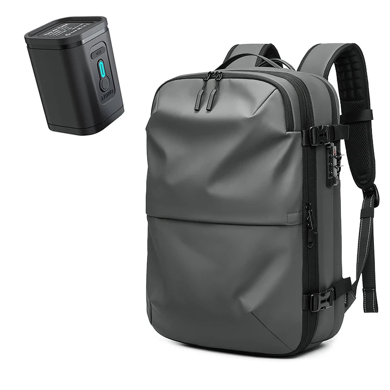 Gray backpack with a small black device on a white background