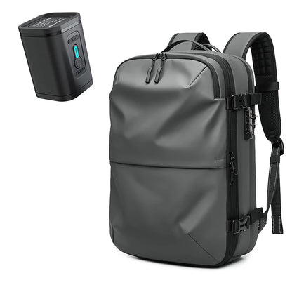 Gray backpack with a small black device on a white background