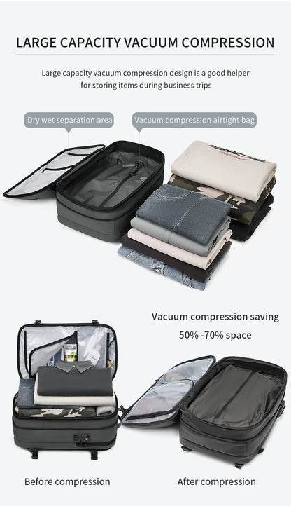 Ben Nevis travel Vacuum compression bag with before and after compression images, showing space-saving benefits.