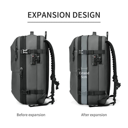 Gray Ben Nevis backpack showing expandable design before and after with text labels
