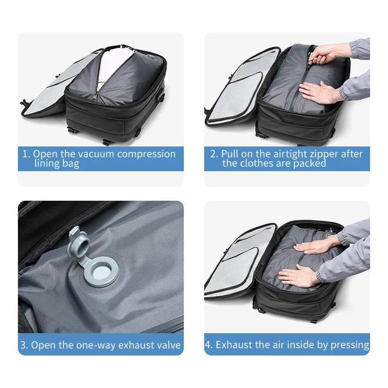 Step-by-step guide showing how to use the Ben Nevis vacuum compression backpack with clear text instructions
