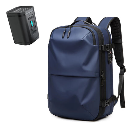 Blue backpack with a black power bank on a white background