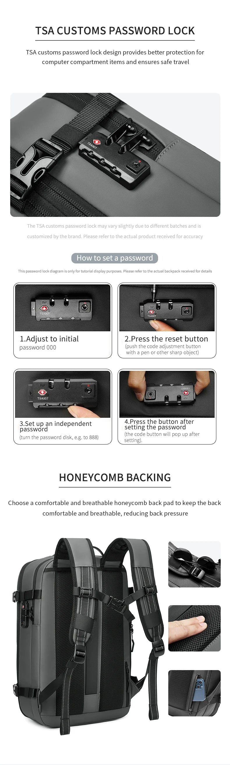 Ben Nevis compression Backpack with TSA Customs password lock feature, showing lock mechanism and honeycomb backing.