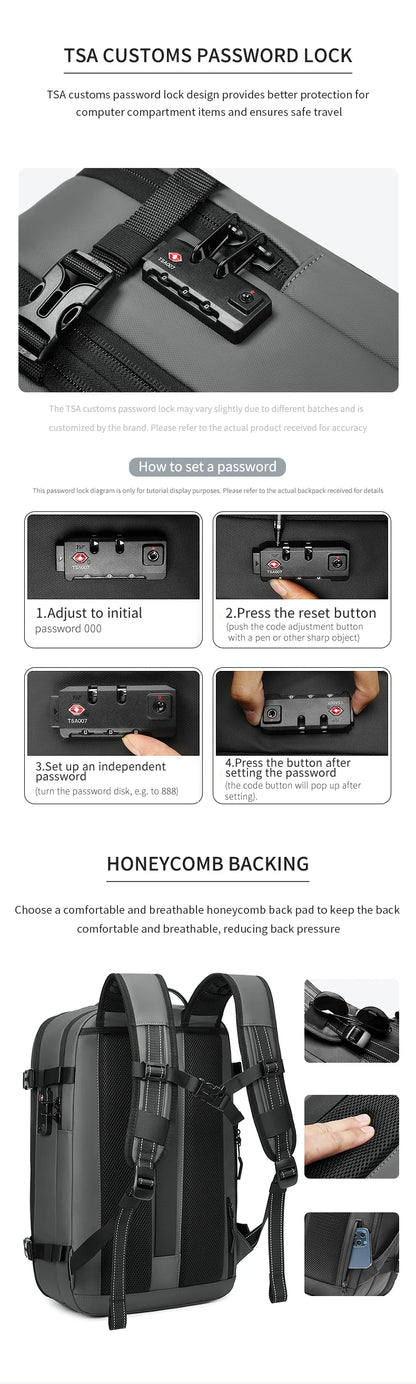 Ben Nevis compression Backpack with TSA Customs password lock feature, showing lock mechanism and honeycomb backing.