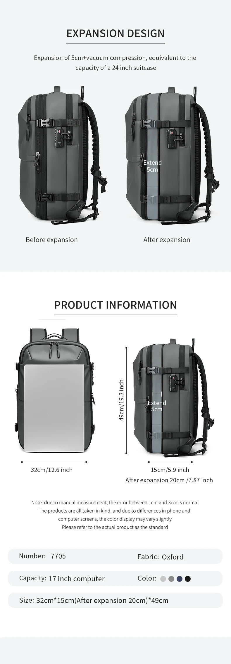Ben Nevis backpack comparison showing before and after expansion with product details displayed
