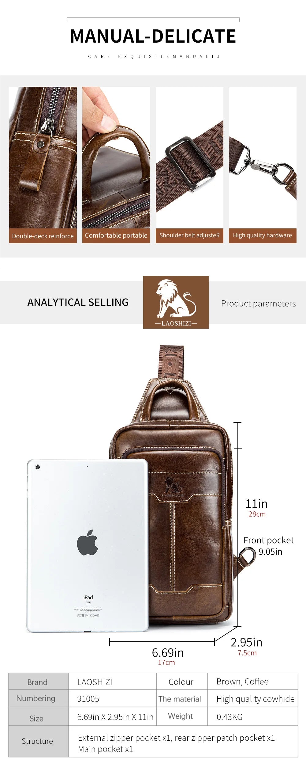 Cow hide genuine leather cross body bag