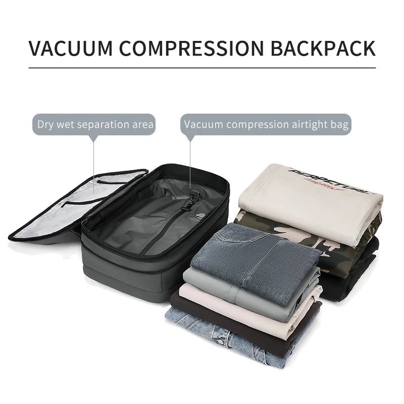 Ben Nevis vacuum compression backpack showing labeled dry and wet separation area with airtight compression bag and packed clothes
