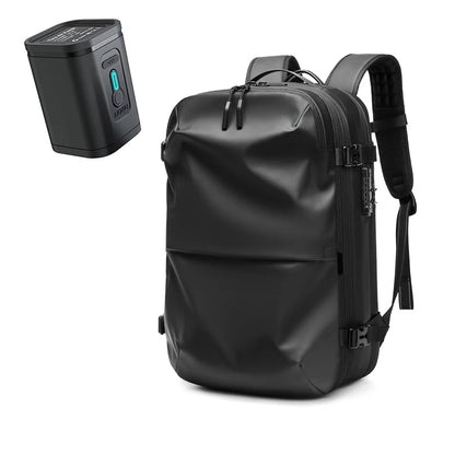 Black backpack with a power bank on a white background