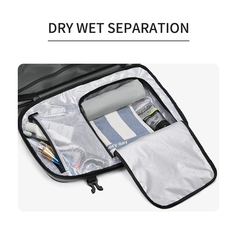 Open Ben Nevis travel backpack showing separate compartments for wet and dry items on a white background
