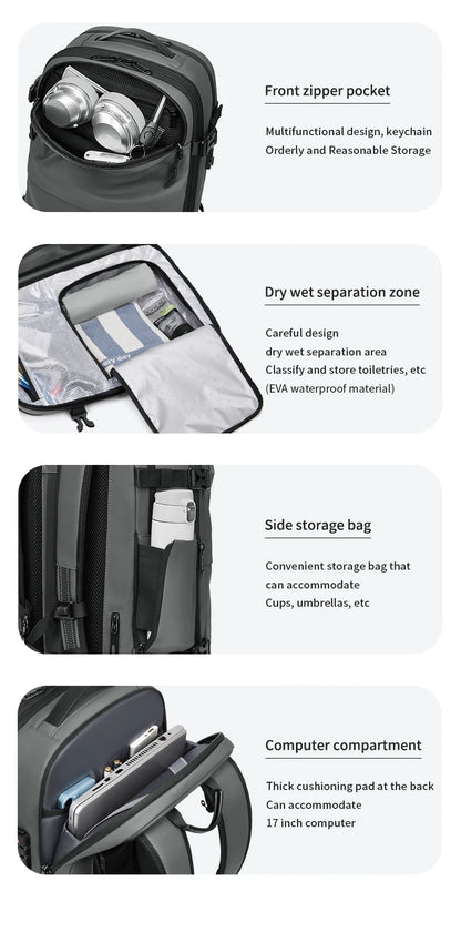 Ben Nevis travel backpack features with labeled compartments on a white background